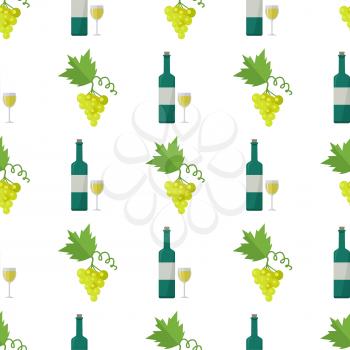 White wine in glass and bottle, green grapes bunch vector illustrations formed in endless texture. Alcohol drink made of fruit seamless pattern.