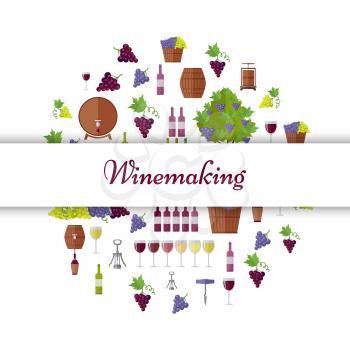 Winemaking sign on white line with wine bottles, elegant glasses, grapes bunches, wooden barrels and metal corkscrews vector illustrations in circle.
