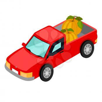 Red van pick-up truck with pumpkins isolated on white background. Means of transport widely used for transportation farming products