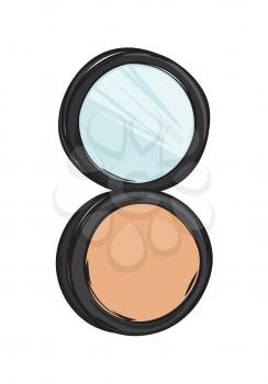 Black capsule with cashmere powder and mirror isolated on background. Make up beauty tool vector illustration. Women face appliance for smooth tone. Compact cosmetic for defects cover.