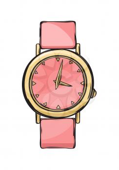Pink and gold glamorous women watch isolated on background. Luxurious and trendy arm accessory for elegant and sophisticated look. Vector illustration of fashionable expensive wrist watch.