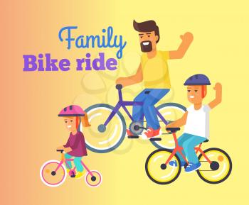 Family bike ride with dad, little daughter and teenager son riding on bicycles vector illustration. Fatherhood concept, celebrating holiday together