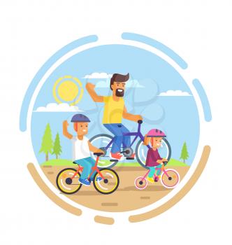 Family bike ride with dad, little daughter and teenager son riding on bicycles in park vector illustration. Fatherhood concept, celebrating holiday together