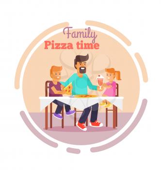 Family pizza time vector illustration of father, daughter and son having lunch together vector illustration in round circle. Dad and children sit at table and eat