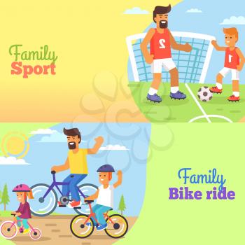 Family football and bike riding days with dads entertaining children and leading healthy lifestyle. Happy Father s Day vector poster