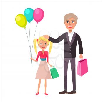 Grandfather and blond granddaughter celebrate father s day together vector illustration. Girl with balloons and elderly man with packages in hands