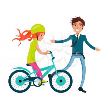 Family bike ride with dad and daughter on bicycle vector illustration isolated on white. Fatherhood concept, celebrating holiday together
