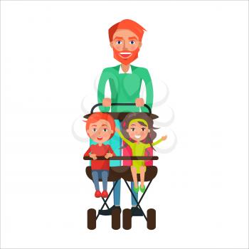 Father carrying kids on two seat stroller vector illustration isolated on white. Careful daddy celebrate dads holiday with his adorable children