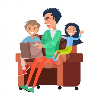 Father reads book to his son and daughter sitting on sofa. Vector illustration with dad celebrating his holiday with adorable children