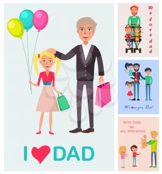 I love dad vector poster of standing daughter with balloons near daddy, and small images with dad s care and warm towards kids