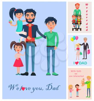 We love dad vector colorful banner of man with three children near small pictures demonstrating father s kind attitude towards kids