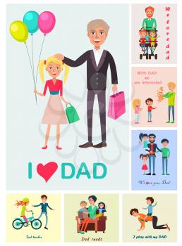 I love dad vector poster of standing daughter with balloons near daddy, and small images with dad s care and warm towards kids