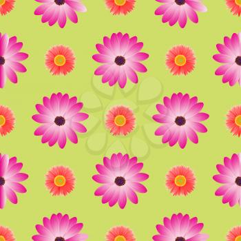 Seamless pattern with dahlia colorful blossom isolated on green background. Endless texture with tender flowers in flat style, wallpaper design