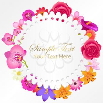 Sample text poster with lovely violet crocus, peach dahlia, Chinese lotus, sacura blossom, lush rose bud and yellow lily isolated vector illustrations set.