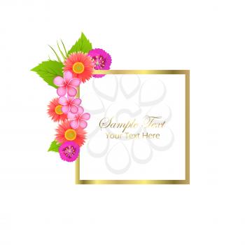 Sample text your text here congratulation postcard with spring and summer flowers and square frame vector illustration on white background.