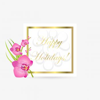 Cute congratulation postcard with orchid flowers and square frame where you can place text vector illustration on white background.