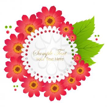 Cute congratulation postcard with red flowers and leaves in circle with wave edge inside which you can place text vector illustration on white background.