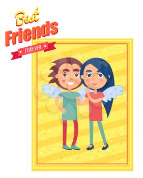 Best friends forever template graphic poster with boy and girl in angel wings on yellow greeting card. Happy lovers with angel attributes