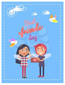 Best friends day template graphic vector colorful poster of young boy giving present box girl. Celebrating couple with wings on backs