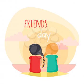 Friends day fun pastime with loved reliable friend. Two girls are closely interwoven braids. Friends sitting on beach and looking at sea surface. Vector web banner about friendship in cartoon style.