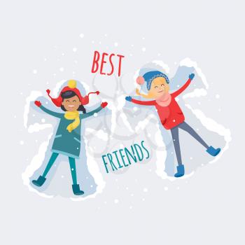 Best friends, brunette and redhead girls in cute winter clothes, make snow angels and have good time together on snowy background. Vector illustration of friendship and spending time together.