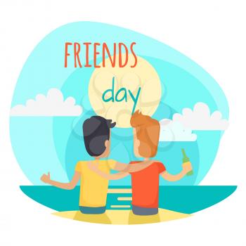 Friends day illustration. Two best friends, brunette and redhead, sit on beach, drink beer, watch sea and hug each other on sky background. Vector illustration of Friends Day promotion poster.
