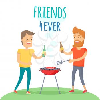 Friends forever has funny free time in cartoon style. Two man with drink fried meat on barbecue in summer sunny day. Boy with beard holding bottle of beer cheers another male vector illustration