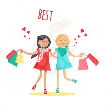 Shopping with best friend concept. Two cheerful girl characters with colorful shopping flat vector on white. Happy girlfriends making purchases together cartoon illustration for friendship concept