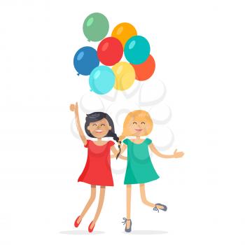 Happy girls with closely interwoven braids hold balloons, friends forever. Dark-haired and blonde girl in dresses having fun, smiling and holding air balls. Female friendship vector illustration.