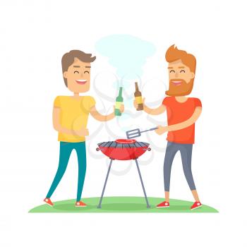 Two man with drink fried meat on barbecue in summer sunny day. Friends forever at the picnic in cartoon style. Boy with beard holding bottle of beer cheers another male vector illustration flat design