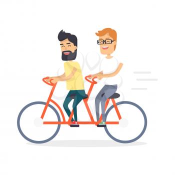 Two friends on double red bicycle graphic icon isolated on white. Brunette man with beard and red-haired boy with glasses twisted pedals and smiling. Vector illustration of friendship in cartoon style.