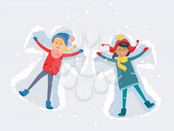 Best friends girls in cute winter clothes, make snow angels and have good time lying on snow with snowflakes. Vector illustration of friendship and spending time together. Winter holiday concept