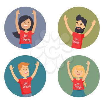 Best friends colorful portraits in circles on white. Cheerful young male and female people with raised hands exclaiming something or rejoice. Vector poster with four happy human illustrations