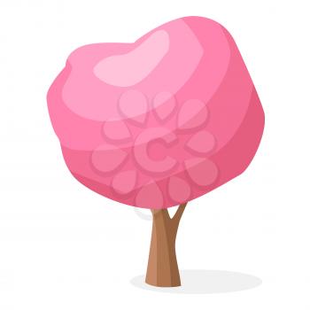 Cartoon fairy tree with big pink crown and brown trunk isolated vector illustration on white background with slight shadow.