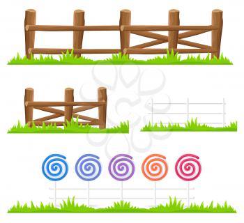 Simple wooden fence with green grass and fence made of colorful lollipops and canes isolated on white background. Cartoon rustic and fancy hedges of logs and sweets vector illustrations collection.