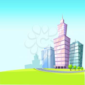 Cartoon urban landscape vector illustration. High skyscrapers, small trees, empty road and green meadow on blue sky. Architectural and natural composition. From wild countryside into busy cityscape.