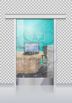 Office workplace through sliding glass door view flat vector. Entrance to the cabinet with table, laptop and chair. Modern office interior with transparent wall illustration for business concepts