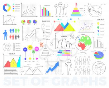 Bright charts and round diagrams with statistical data in numbers and percentage isolated vector illustrations set on white background.