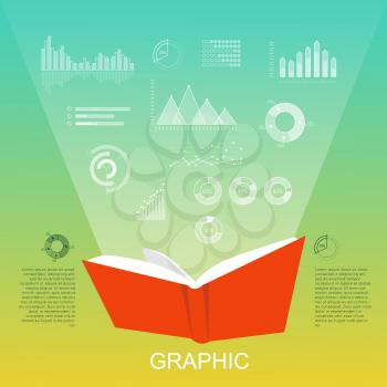 Open red book that lighten column charts, round and triangular diagrams on light green background. Vector illustration of white diagrams, paper book and informative text near book in flat style