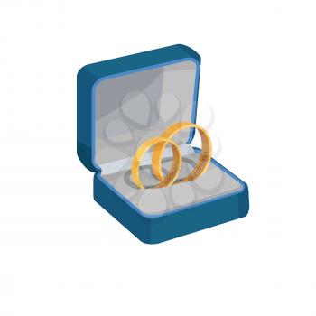 Pair of gold wedding rings with Love Forever engravings in open blue box isolated vector illustration on white background.