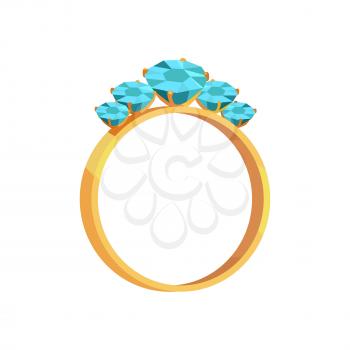 Gold luxurious ring with bright turquoise shiny brilliants of different size isolated vector illustration on white background.