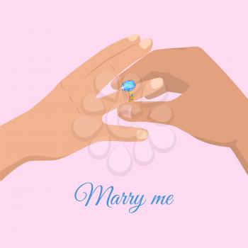 Proposal from young man marry me cartoon drawing on gently pink background. Man s hand puts golden ring with blue shiny stone on female finger. Offer of marriage vector illustration graphic design.