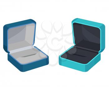 Two blue gift boxes for ring or earrings vector illustration. Empty beautiful capsules with black and white middle isolated on whitey, wedding concept
