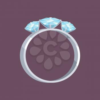 Silver or white gold ring with three blue precious stones on dark purple background. Vector illustration of expensive shiny jewelry.