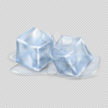 Two cool and shiny ice cubes lying in small amount of melted water isolated on transparent background vector illustration.