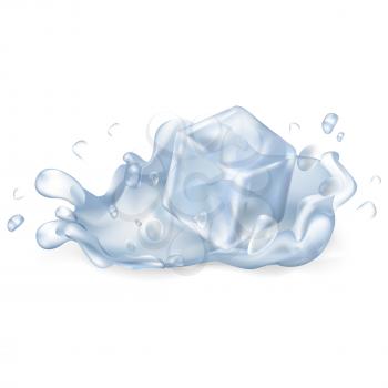 Ice cube drops in clear water maing big splash that spreads drops all over isolated vector illustration on white background.