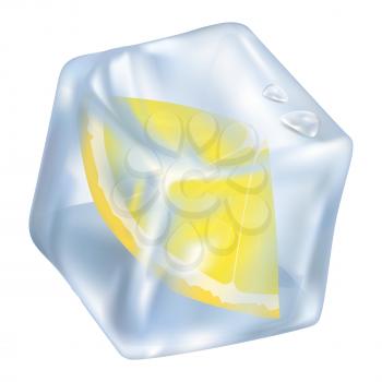 Ice cube with frozen slice of lemon closeup icon vector illustration. Glacial square with two water drops isolated on white.