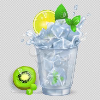 Faceted glass of mojito with lot of ice, fresh lime, green spearmint and kiwi isolated vector illustration on transparent background.