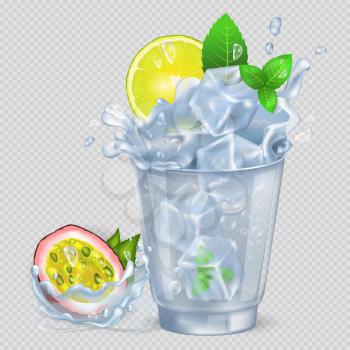 Faceted glass with cocktail and ice, fresh lemon and green spearmint, passion fruit isolated vector illustration on transparent background.