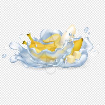 Peeled and unpeeled banana in drops of clean water with big splashes isolated realistic vector illustration on transparent background.